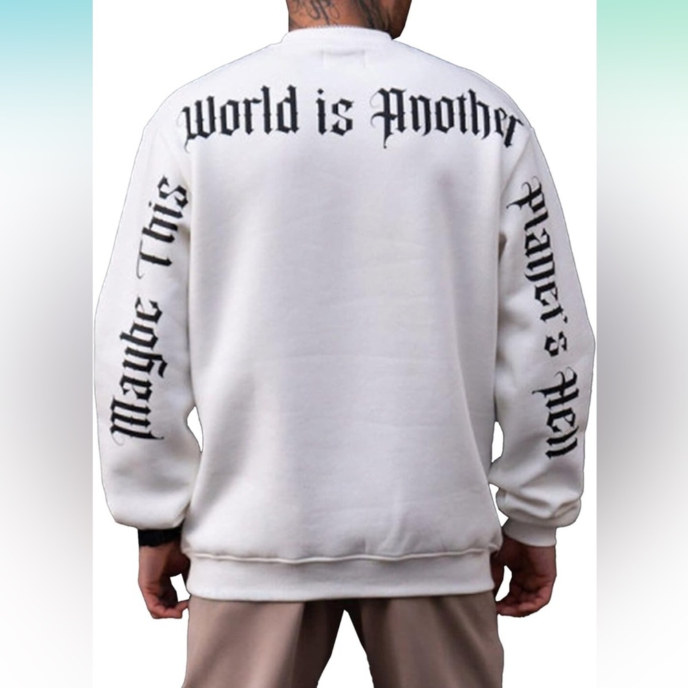 KELLORENA white Men's Graphic Crewneck Sweatshirt Long Sleeve Pullover SMALL